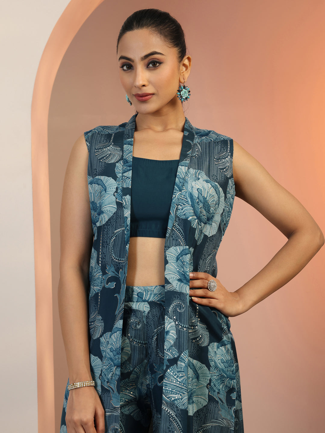 Teal Solid Silk Blend Co-Ord Sets