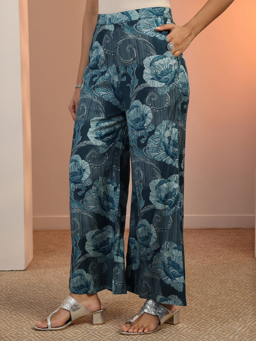 Teal Solid Silk Blend Co-Ord Sets