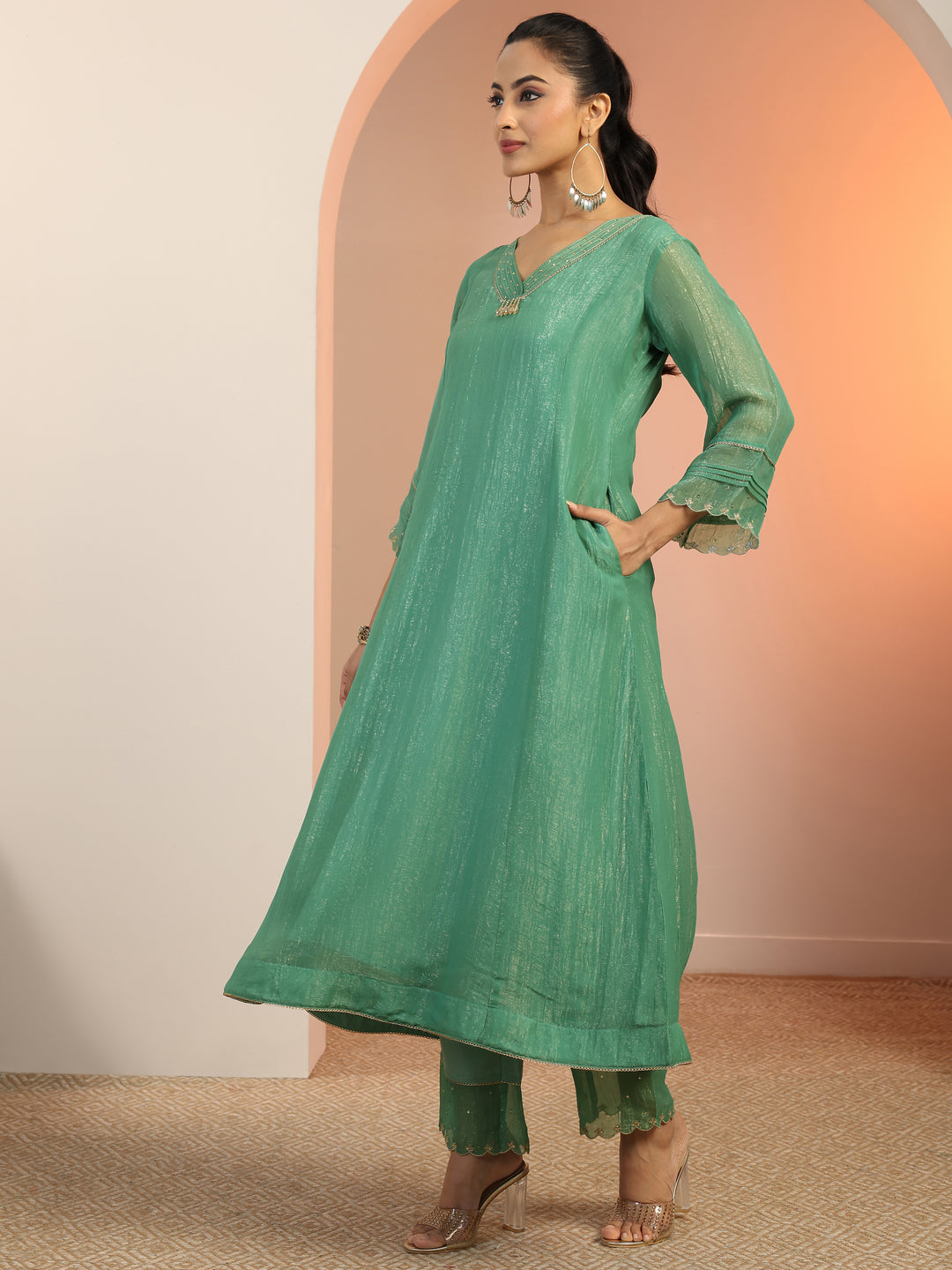 Green Solid Silk blend A-Line Suit Set With Dupatta