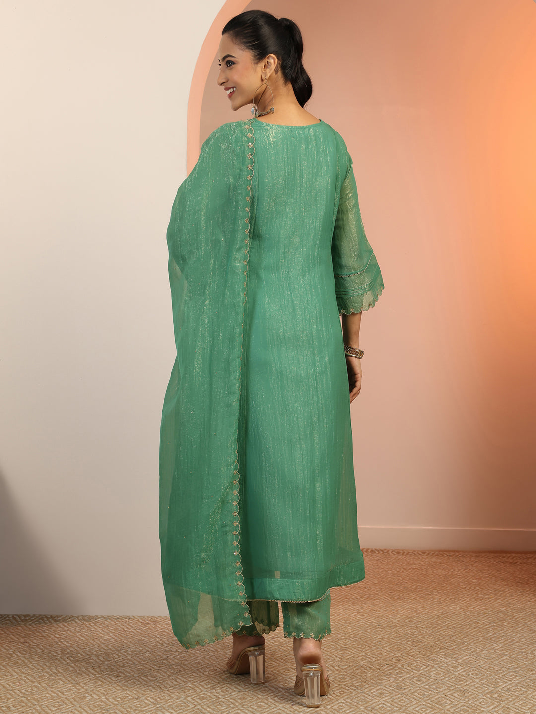 Green Solid Silk blend A-Line Suit Set With Dupatta