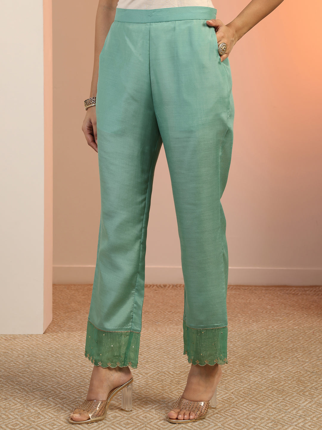 Green Solid Silk blend A-Line Suit Set With Dupatta