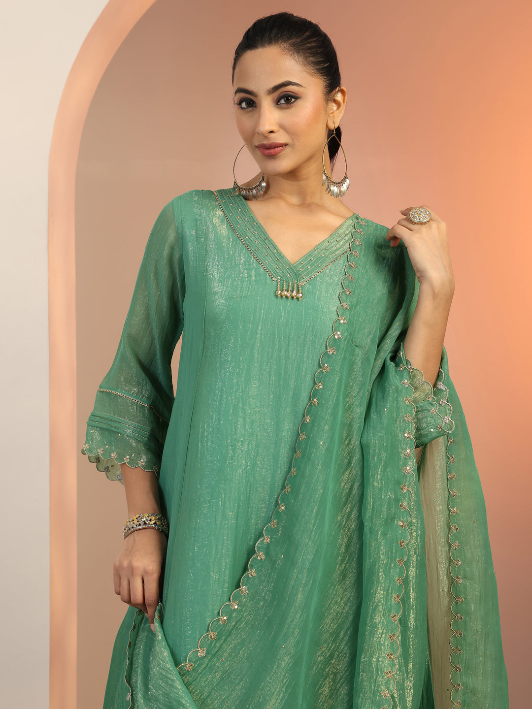 Green Solid Silk blend A-Line Suit Set With Dupatta