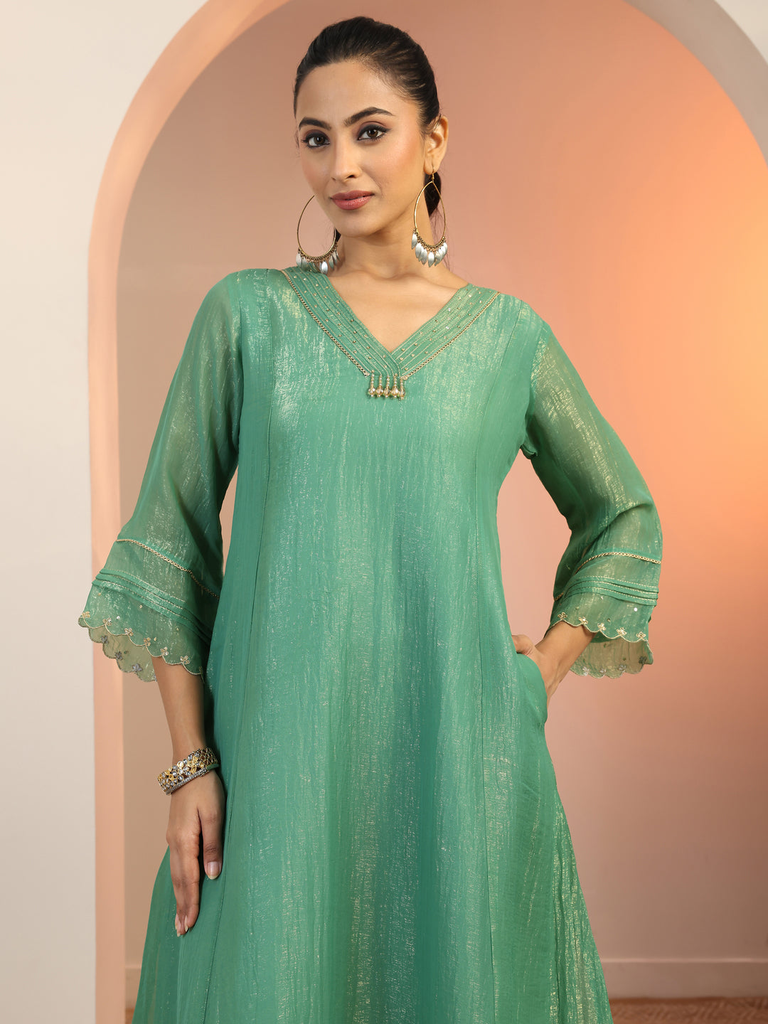 Green Solid Silk blend A-Line Suit Set With Dupatta