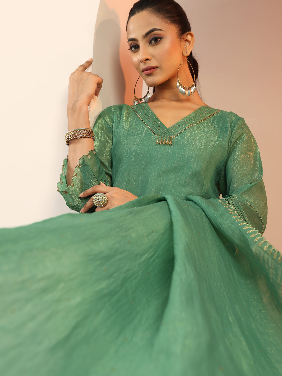 Green Solid Silk blend A-Line Suit Set With Dupatta