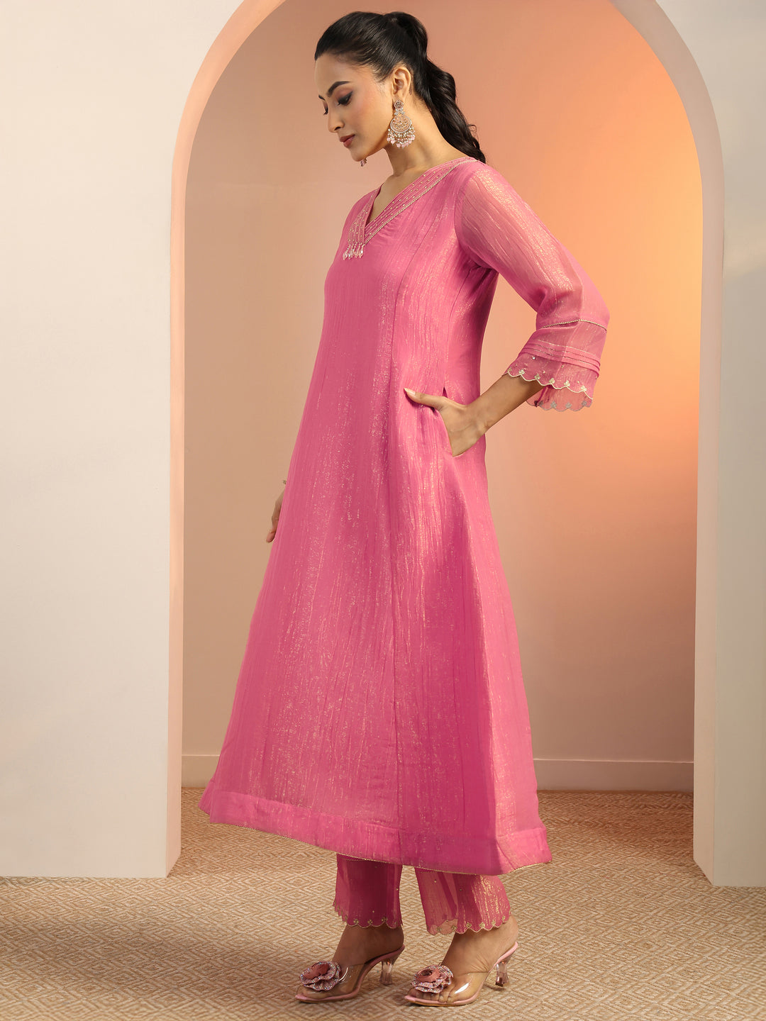 Peach Solid Silk blend A-Line Suit Set With Dupatta