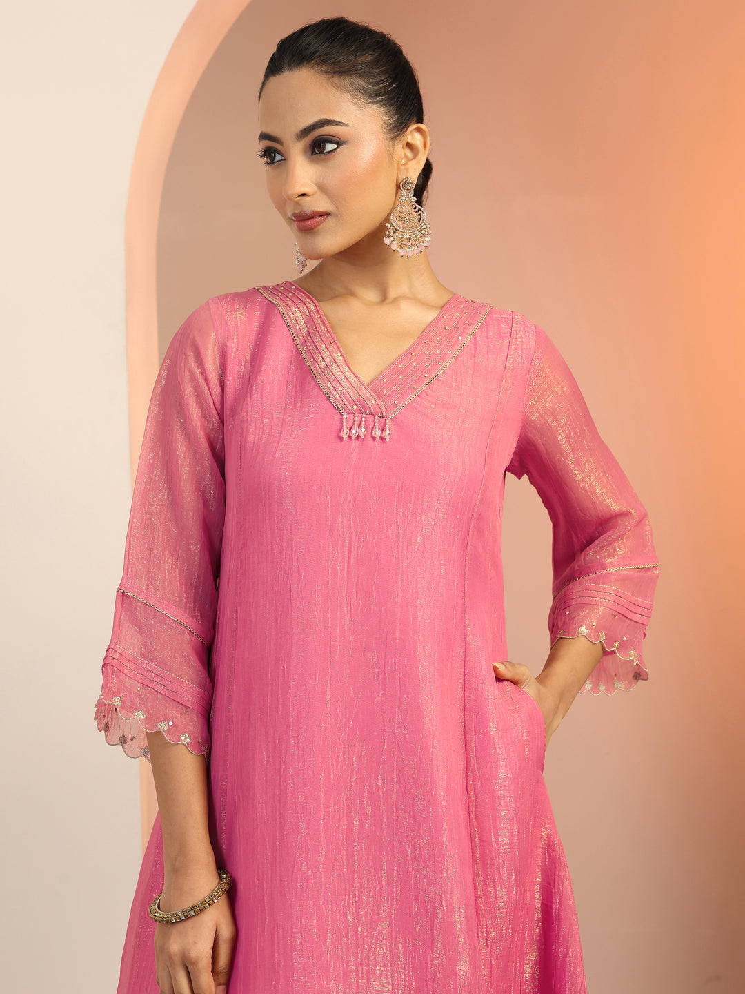 Peach Solid Silk blend A-Line Suit Set With Dupatta