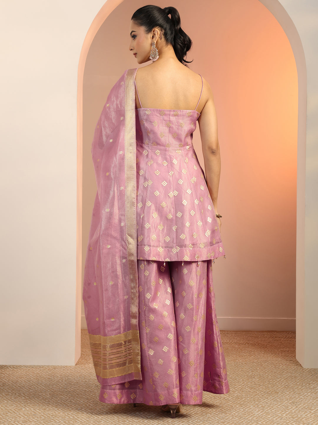 Lavender Woven Design Silk blend Anarkali Suit Set With Dupatta