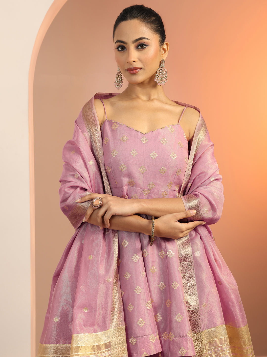 Lavender Woven Design Silk blend Anarkali Suit Set With Dupatta