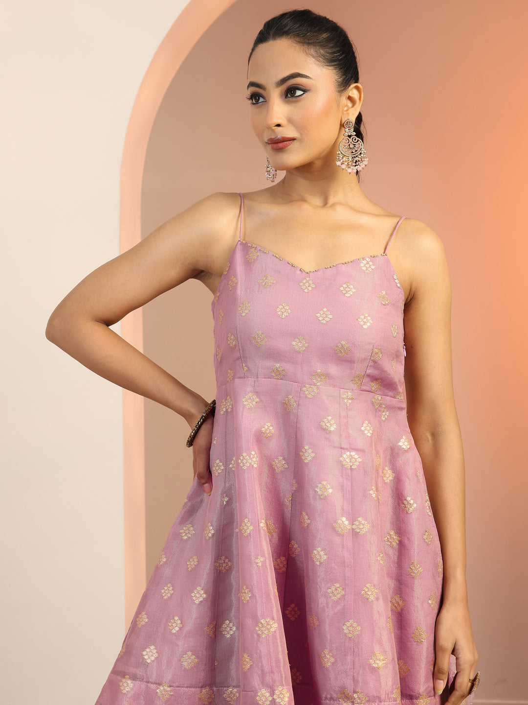 Lavender Woven Design Silk blend Anarkali Suit Set With Dupatta