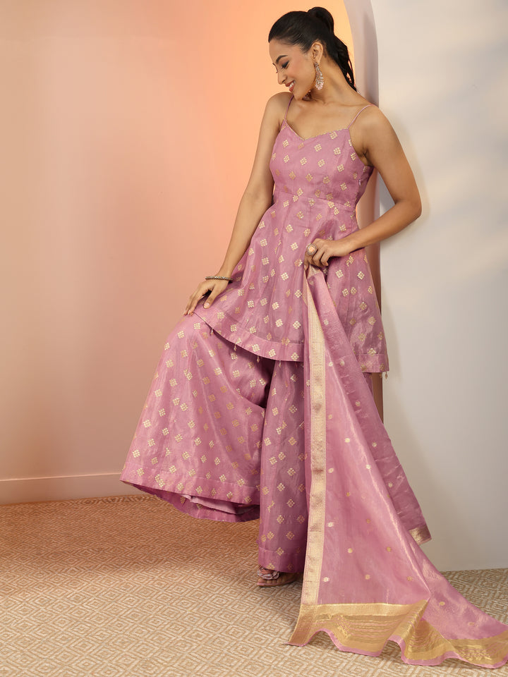 Lavender Woven Design Silk blend Anarkali Suit Set With Dupatta