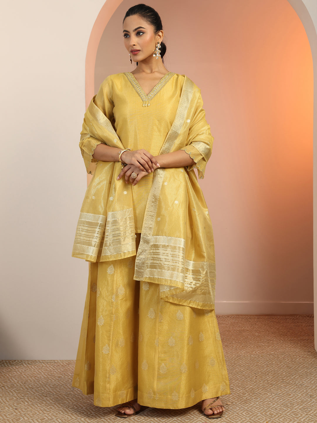 Yellow Solid Silk blend Straight Suit Set With Dupatta