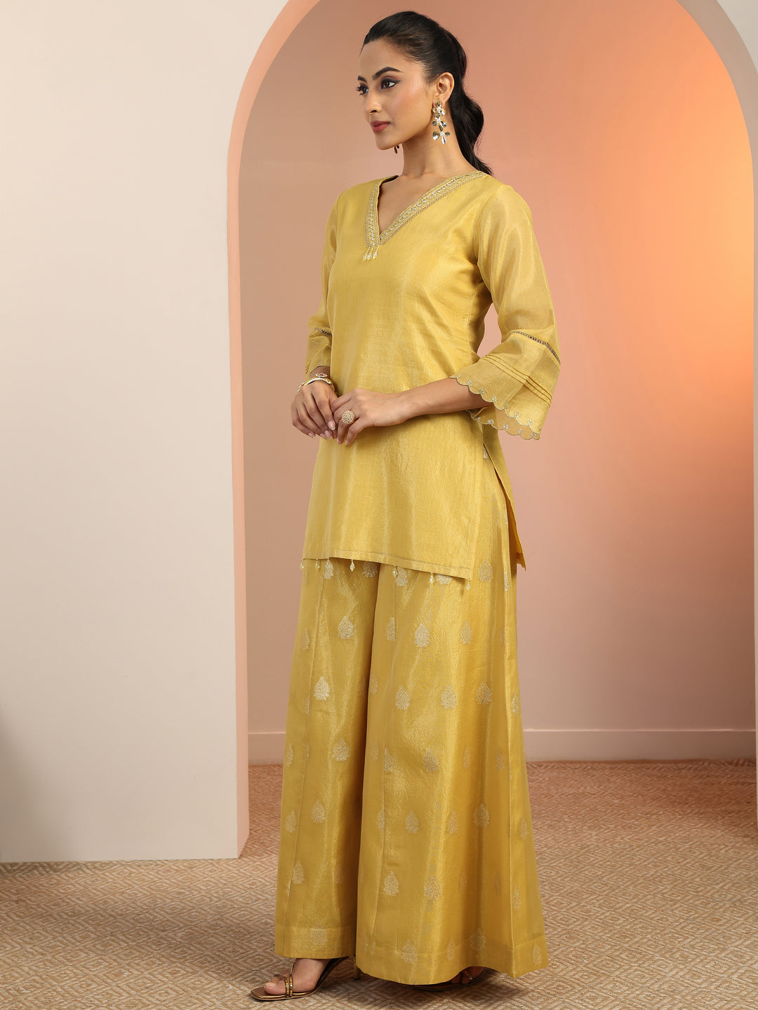 Yellow Solid Silk blend Straight Suit Set With Dupatta