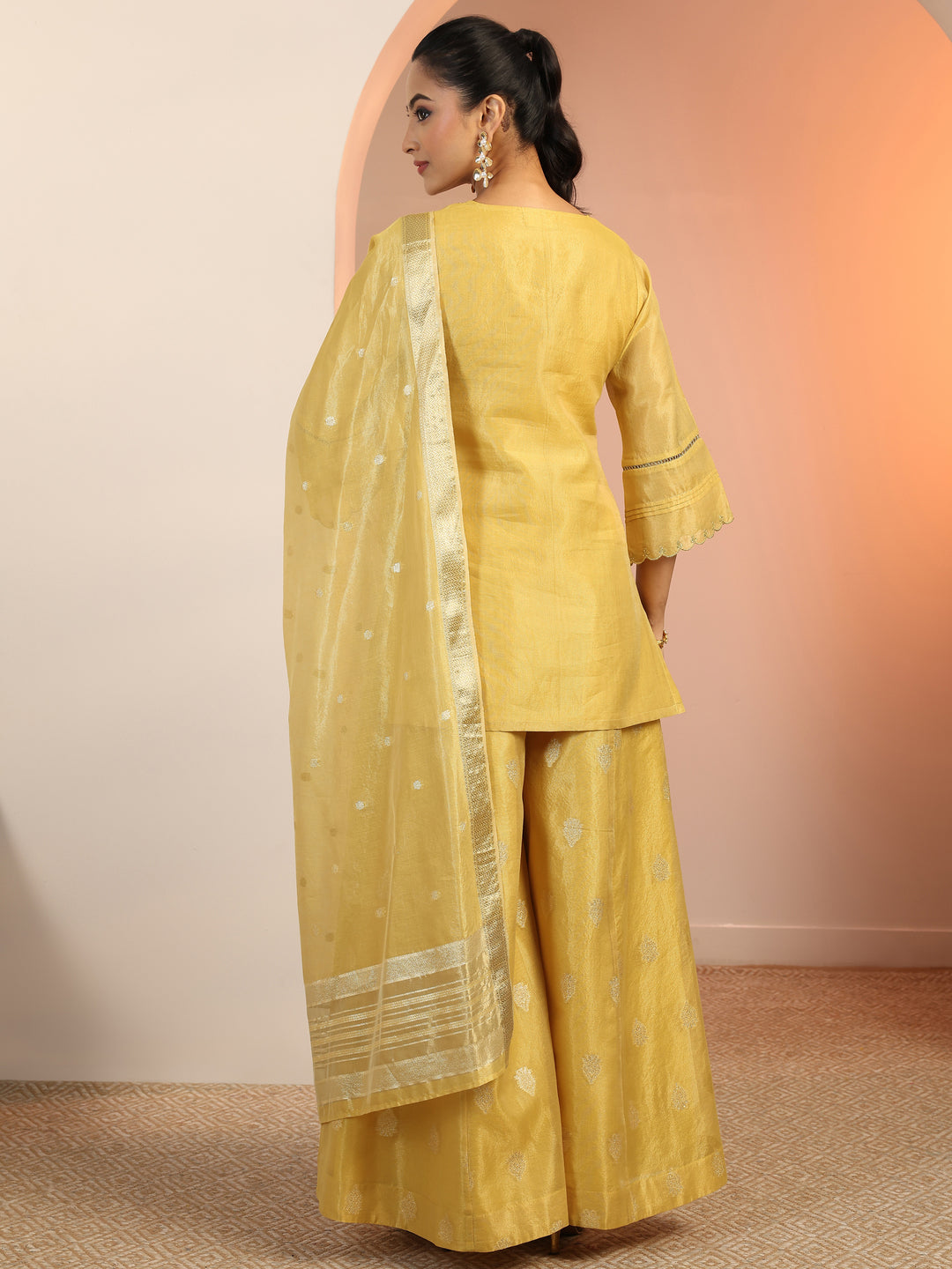 Yellow Solid Silk blend Straight Suit Set With Dupatta