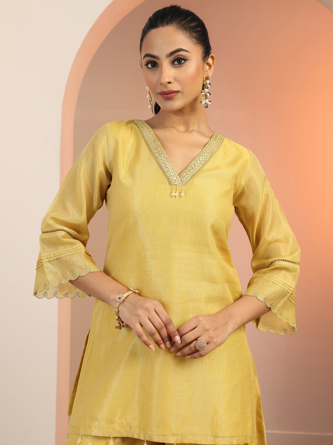 Yellow Solid Silk blend Straight Suit Set With Dupatta