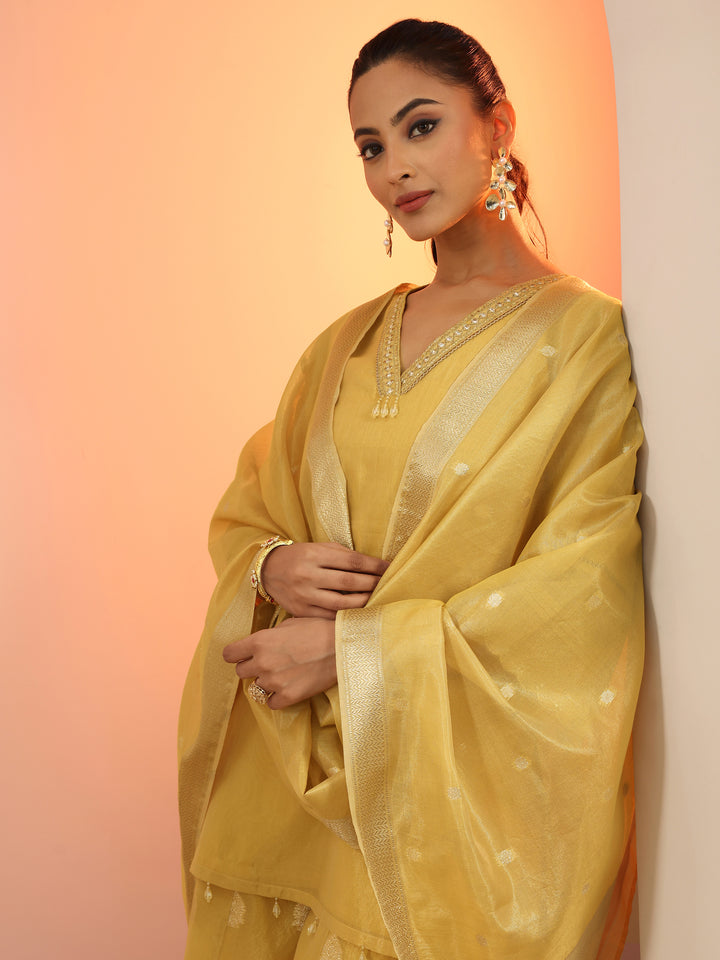 Yellow Solid Silk blend Straight Suit Set With Dupatta