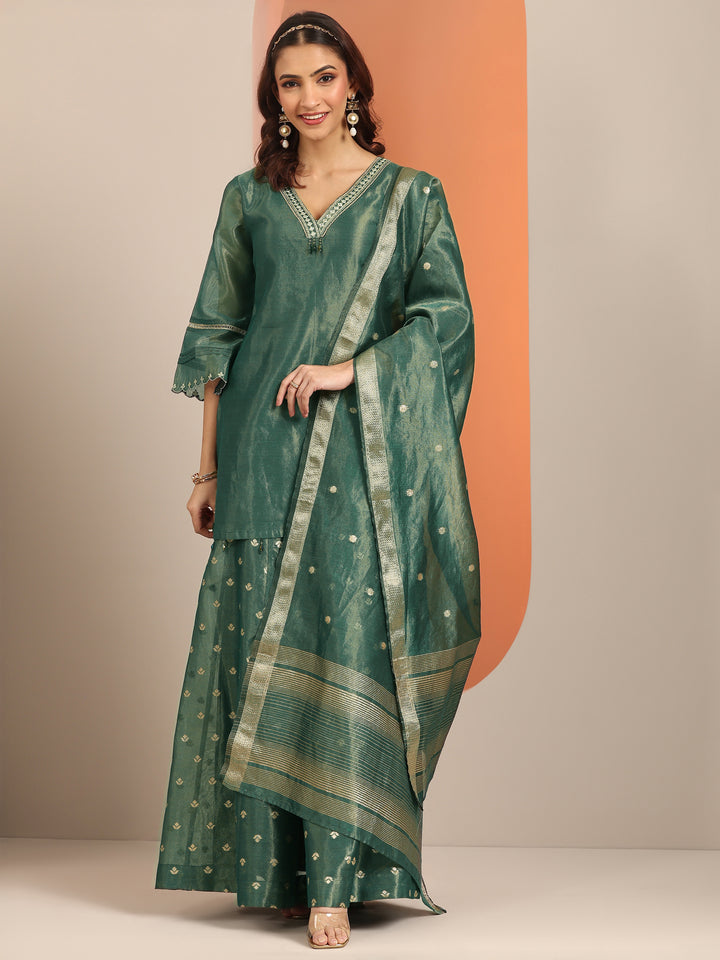 Green Embellished Silk Blend Straight Kurta Set