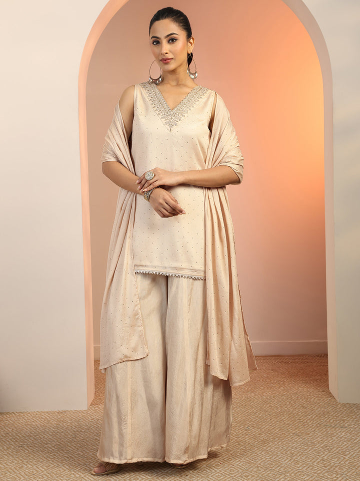 Cream Woven Design Silk Blend Straight Suit Set With Dupatta