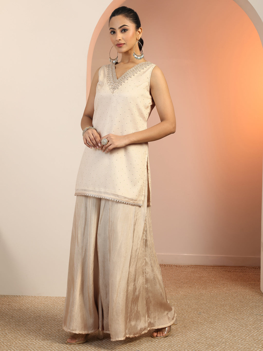 Cream Woven Design Silk Blend Straight Suit Set With Dupatta