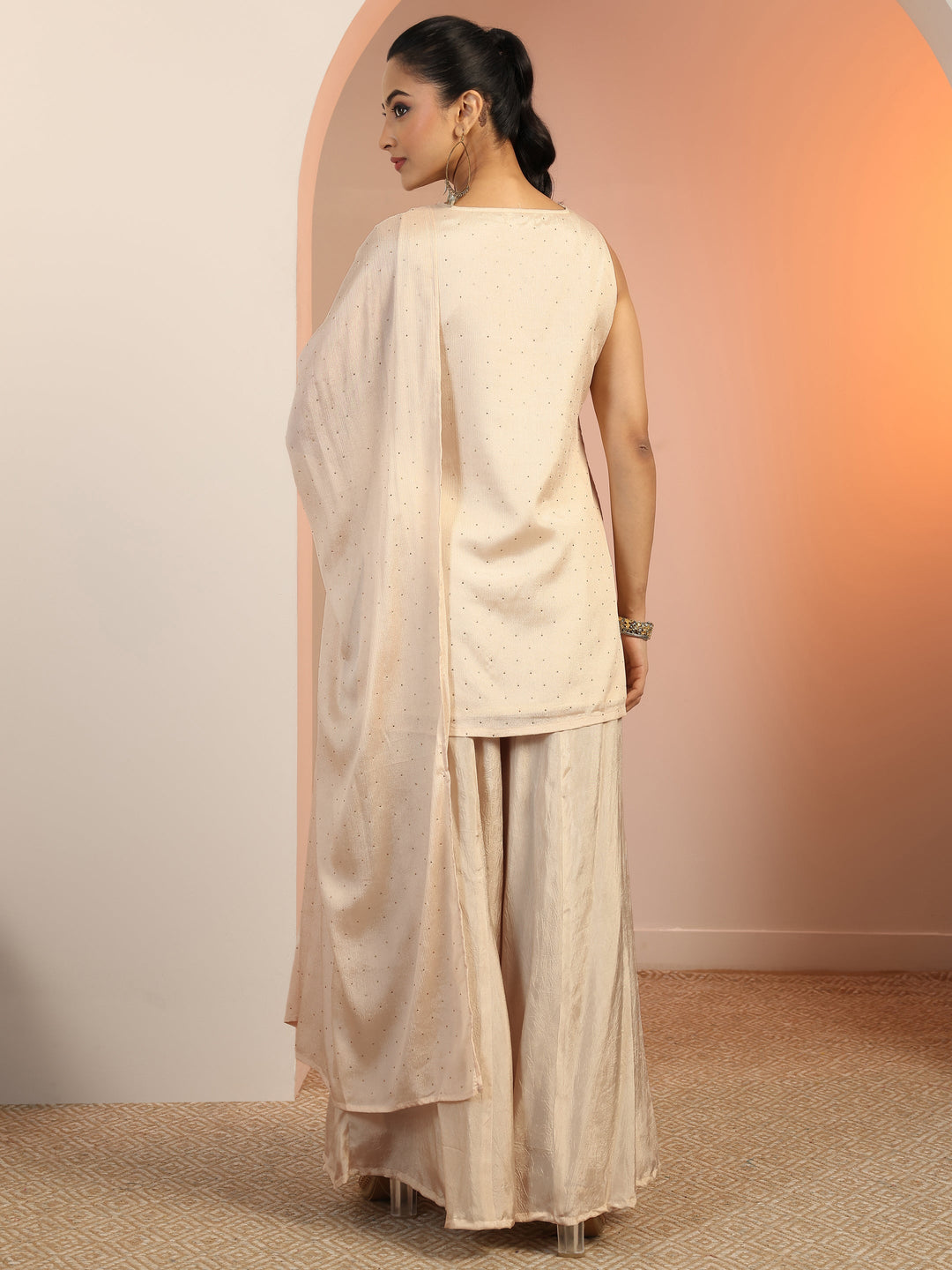 Cream Woven Design Silk Blend Straight Suit Set With Dupatta