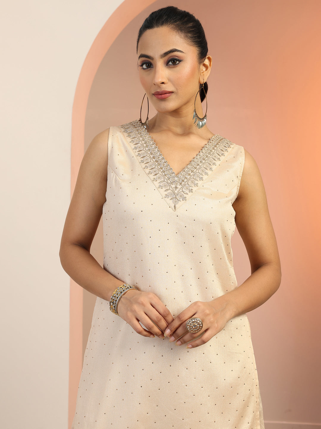 Cream Woven Design Silk Blend Straight Suit Set With Dupatta
