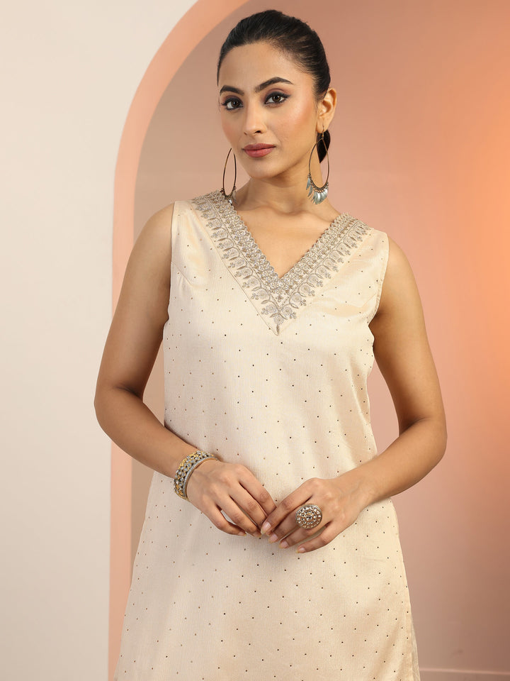 Cream Woven Design Silk Blend Straight Suit Set With Dupatta
