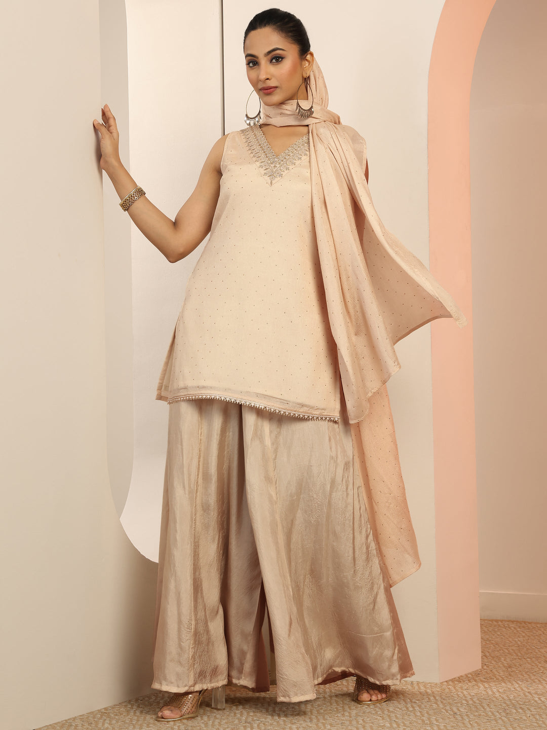 Cream Woven Design Silk Blend Straight Suit Set With Dupatta