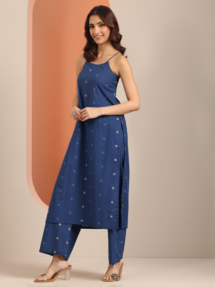 Blue Printed Cotton Straight Kurta Set