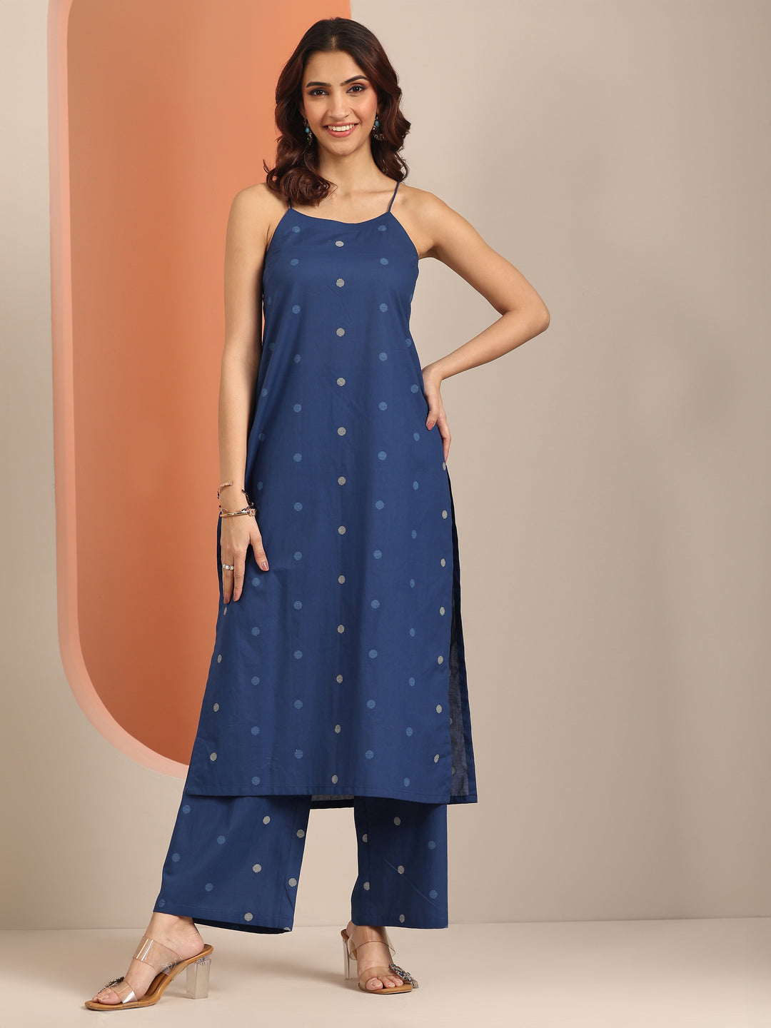 Blue Printed Cotton Straight Kurta Set