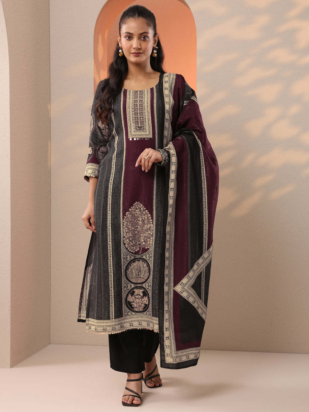 Black Printed Silk Blend Straight Suit Set With Dupatta