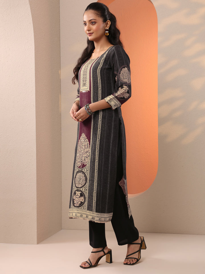 Black Printed Silk Blend Straight Suit Set With Dupatta