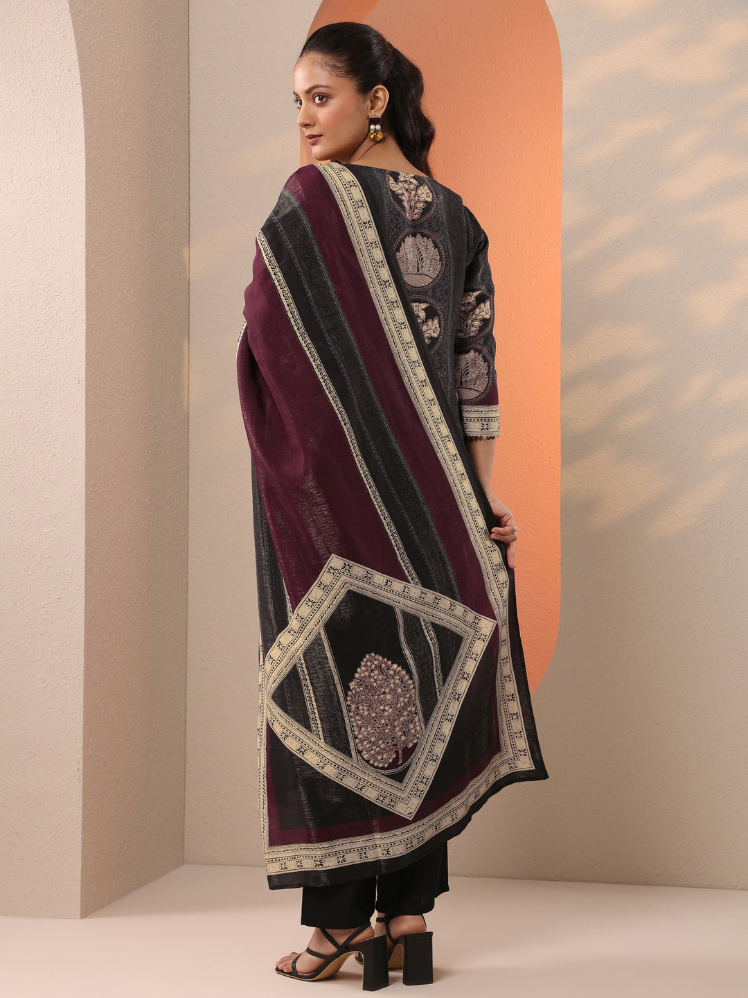Black Printed Silk Blend Straight Suit Set With Dupatta