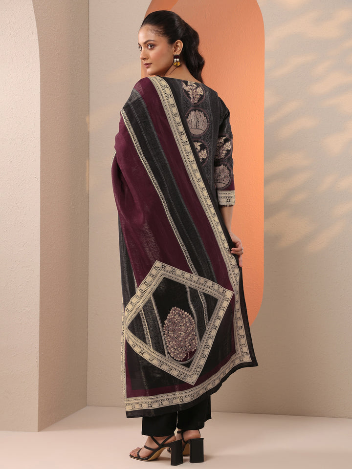 Black Printed Silk Blend Straight Suit Set With Dupatta