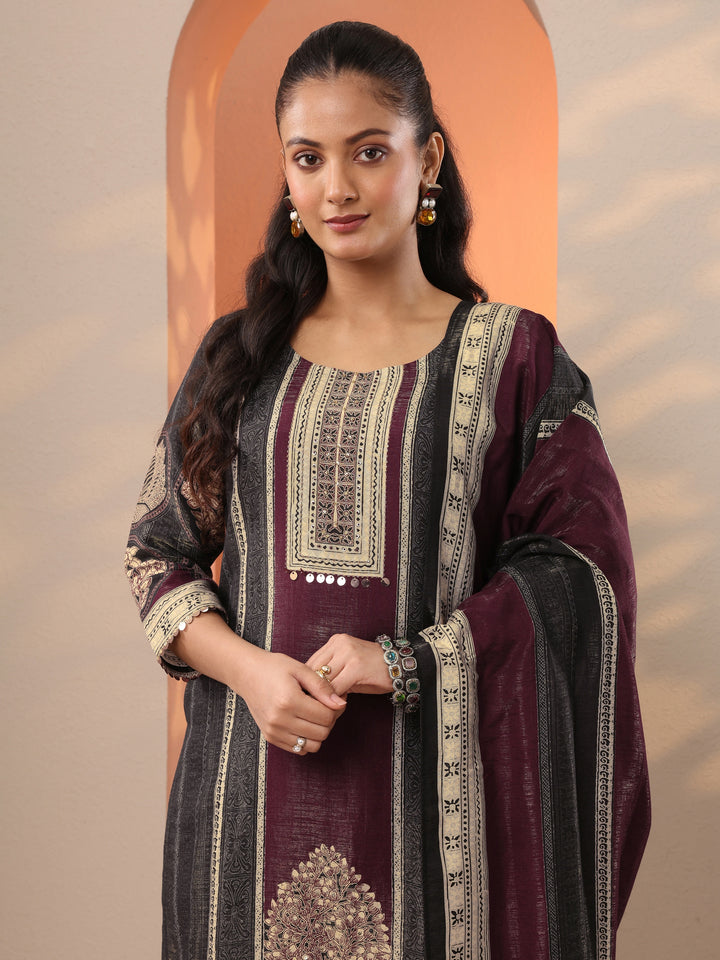 Black Printed Silk Blend Straight Suit Set With Dupatta