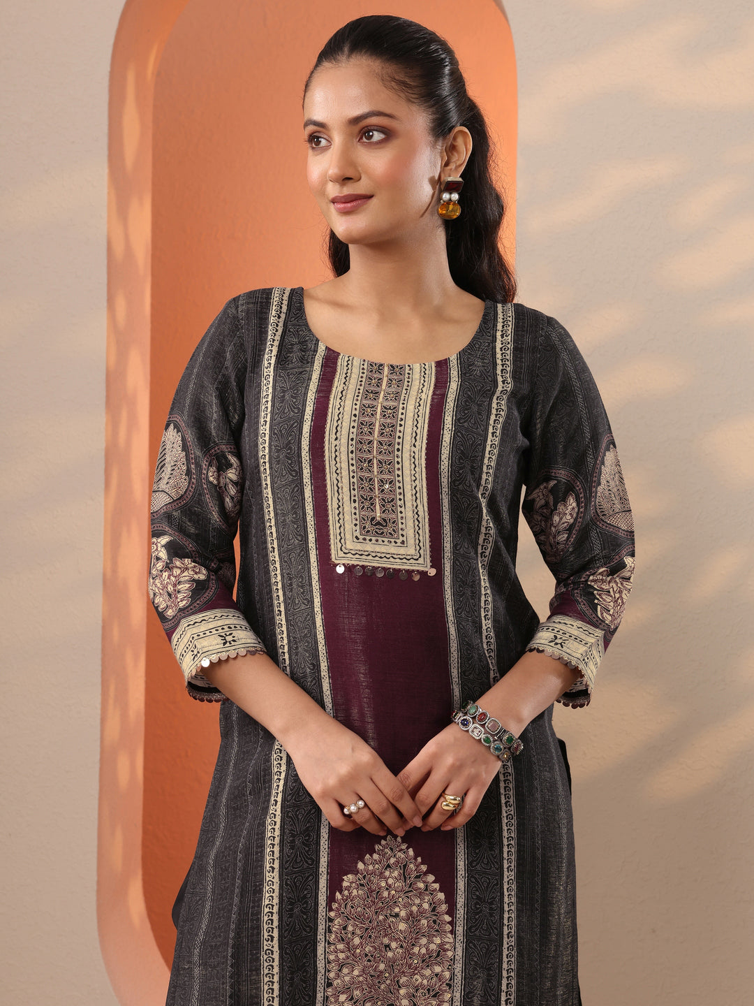 Black Printed Silk Blend Straight Suit Set With Dupatta