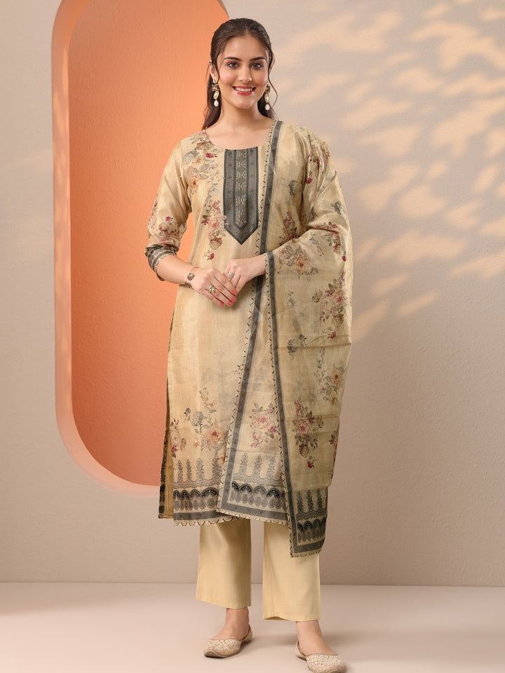 Beige Printed Silk Blend Straight Suit Set With Dupatta