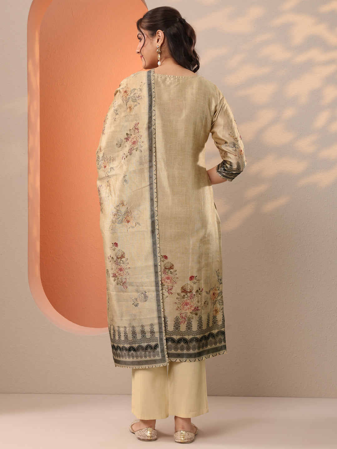 Beige Printed Silk Blend Straight Suit Set With Dupatta