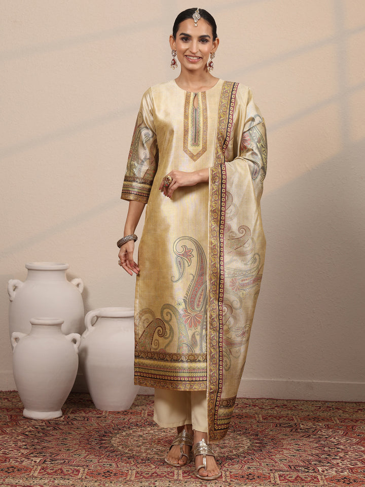 Beige Printed Silk Blend Straight Suit Set With Dupatta