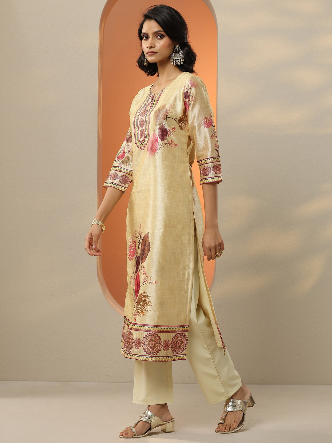 Beige Printed Silk Blend  Straight Suit Set With Dupatta