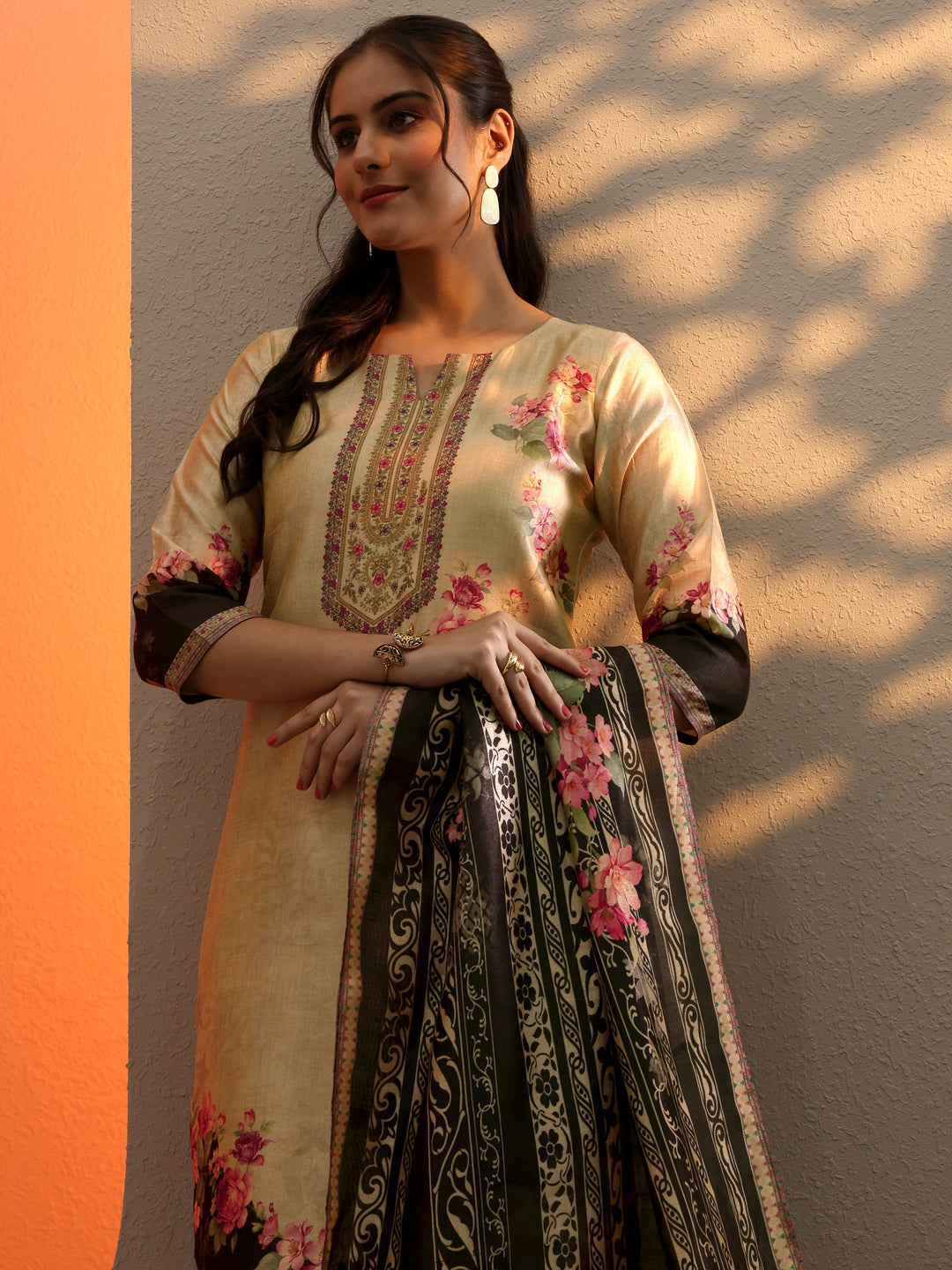 Beige Printed Silk Blend Straight Suit Set With Dupatta