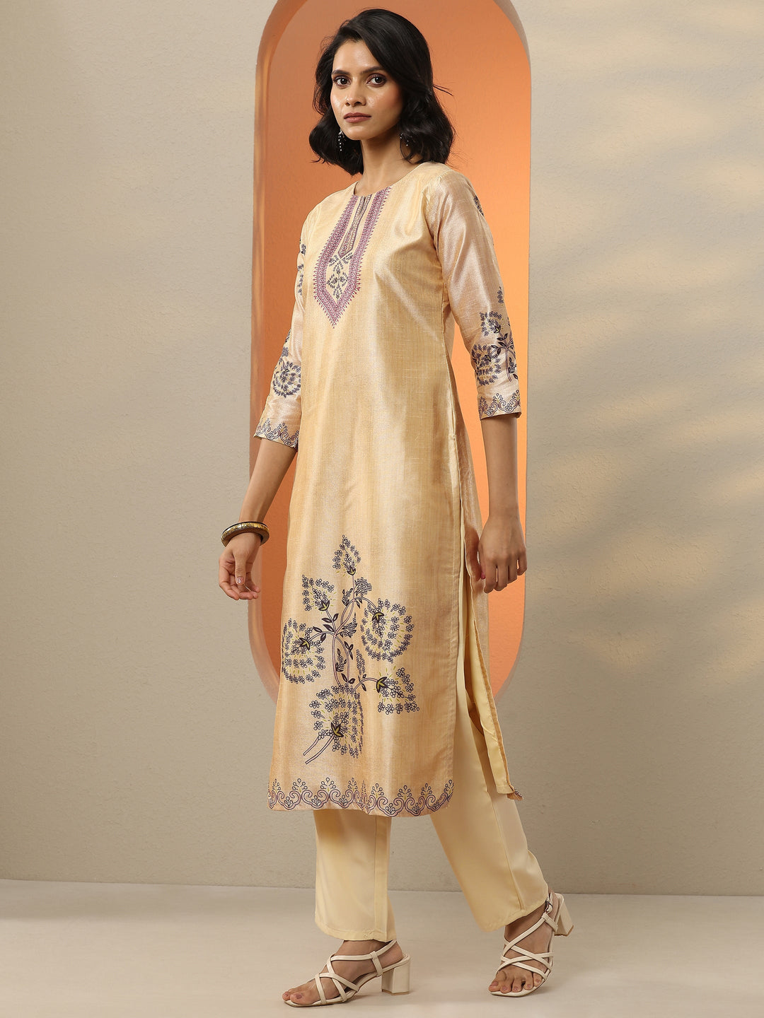 Beige Printed Silk Blend  Straight Suit Set With Dupatta