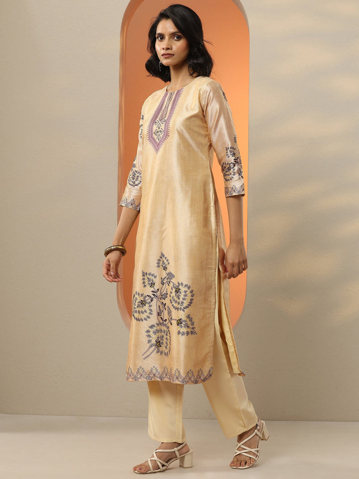 Beige Printed Silk Blend  Straight Suit Set With Dupatta