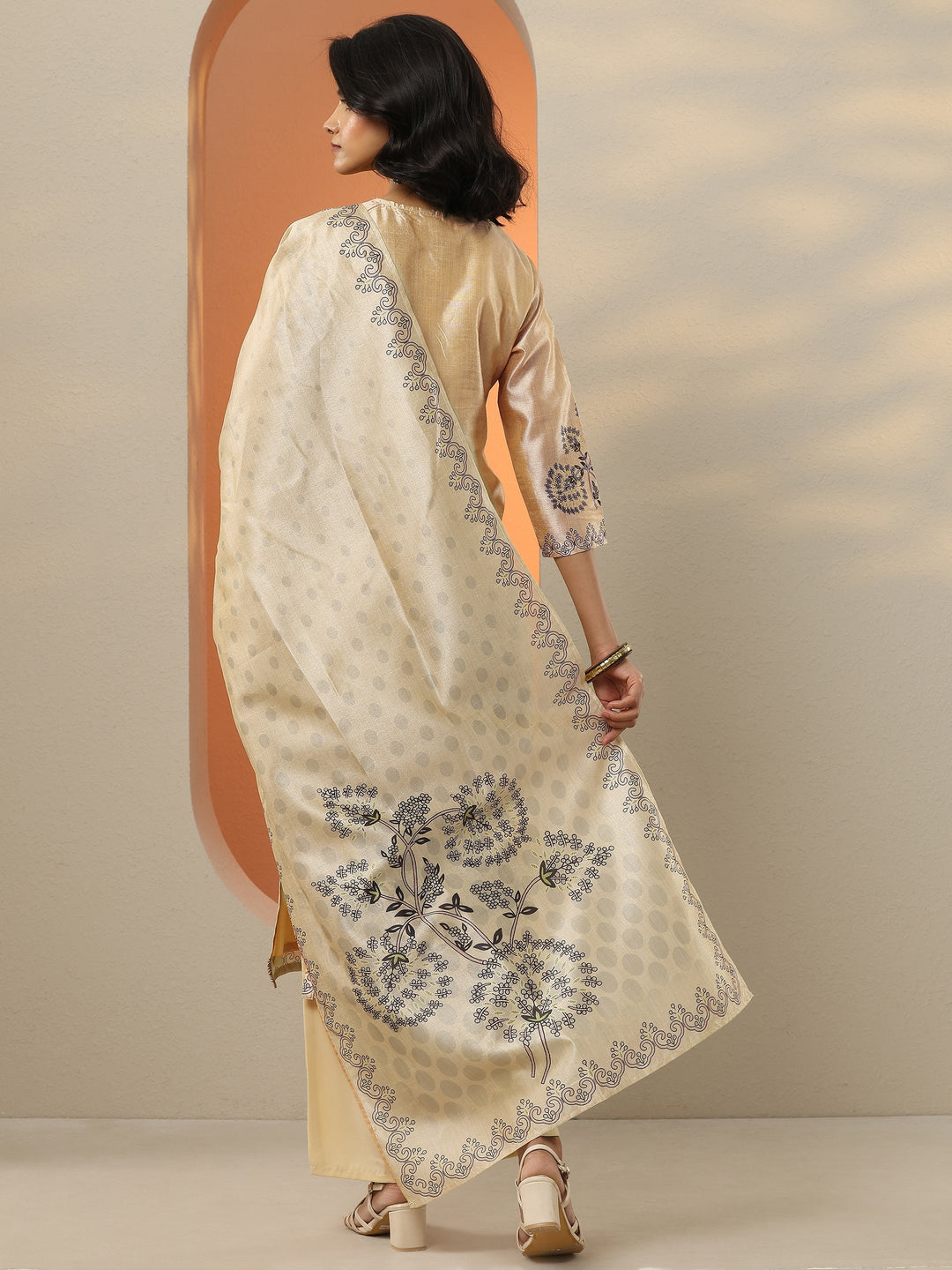 Beige Printed Silk Blend  Straight Suit Set With Dupatta