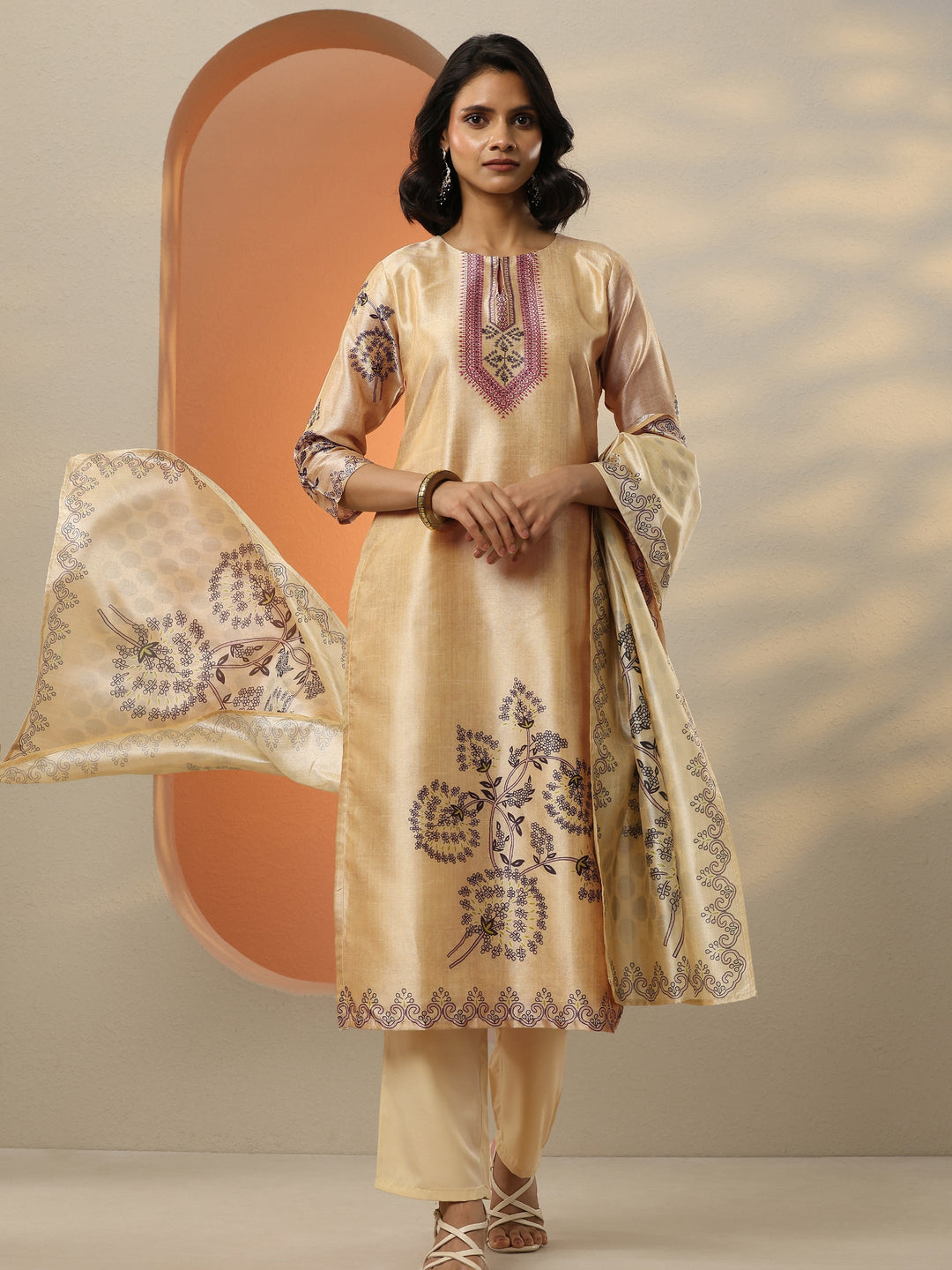 Beige Printed Silk Blend  Straight Suit Set With Dupatta