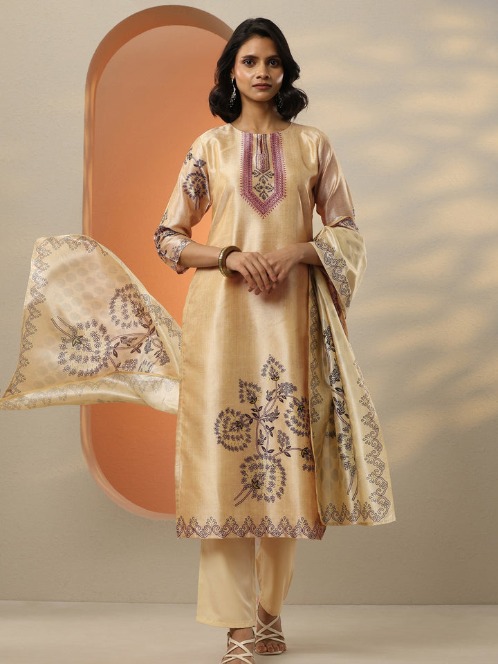 Beige Printed Silk Blend  Straight Suit Set With Dupatta
