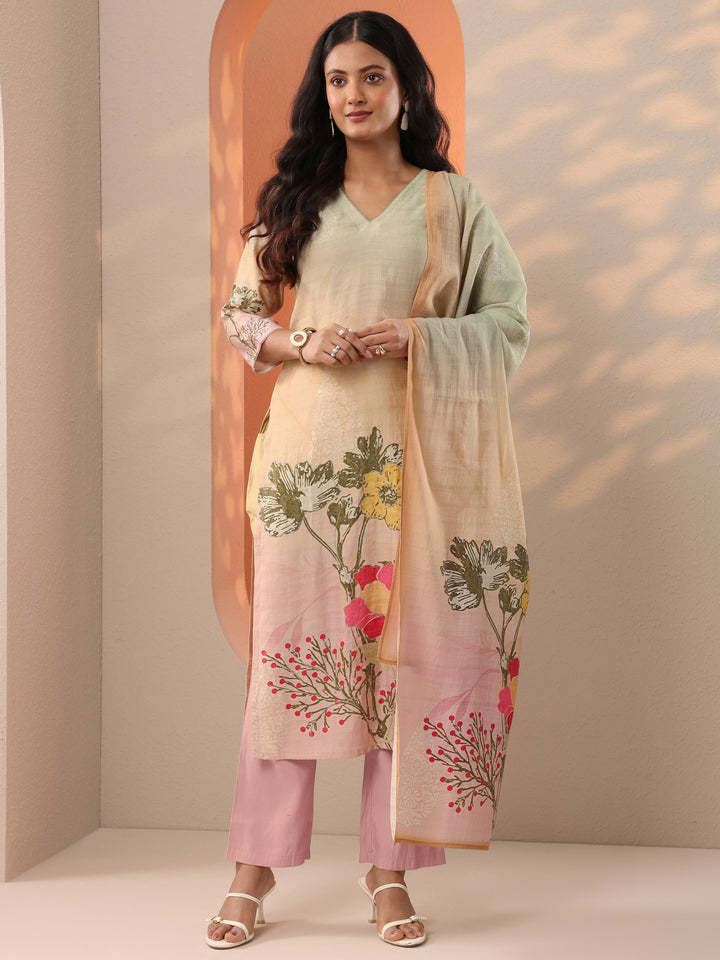 Beige Printed Silk Blend Straight Suit Set With Dupatta