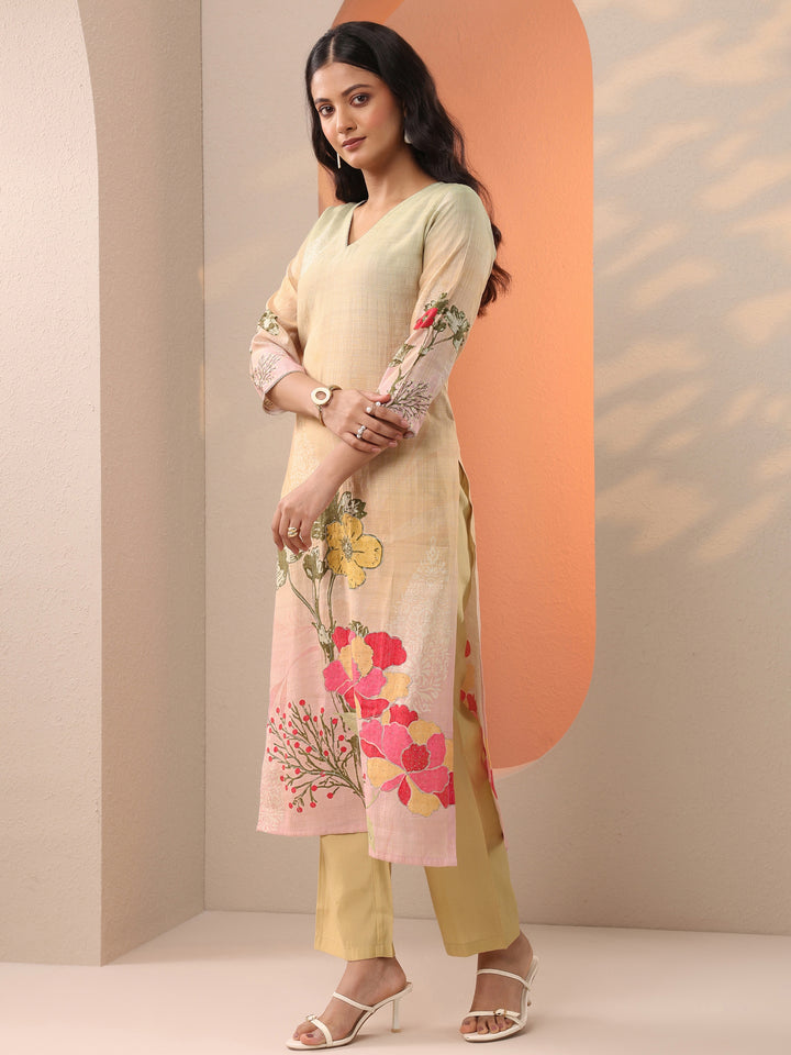 Beige Printed Silk Blend Straight Suit Set With Dupatta