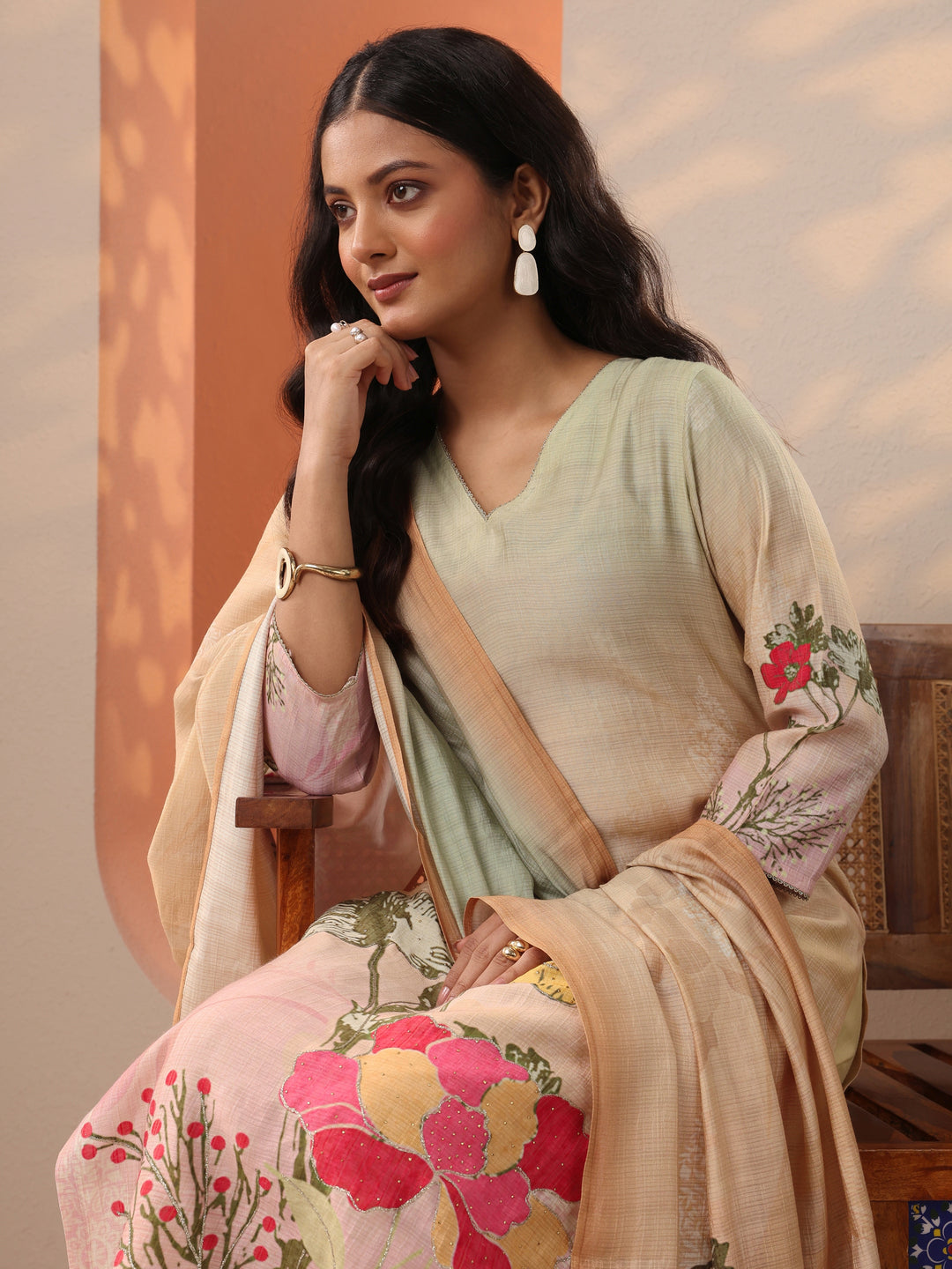 Beige Printed Silk Blend Straight Suit Set With Dupatta