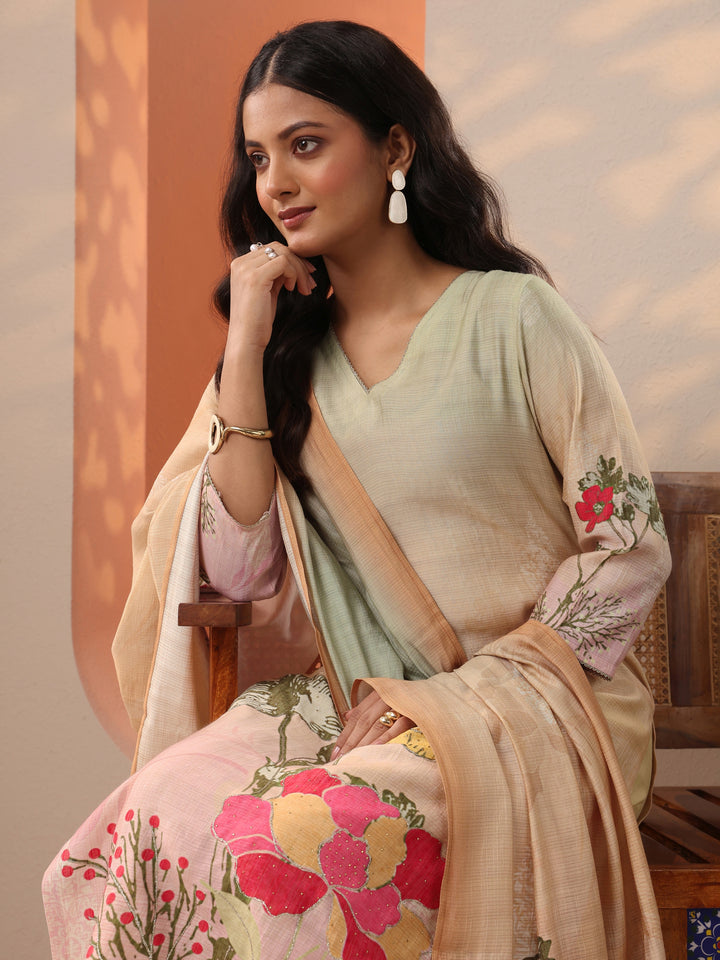 Beige Printed Silk Blend Straight Suit Set With Dupatta