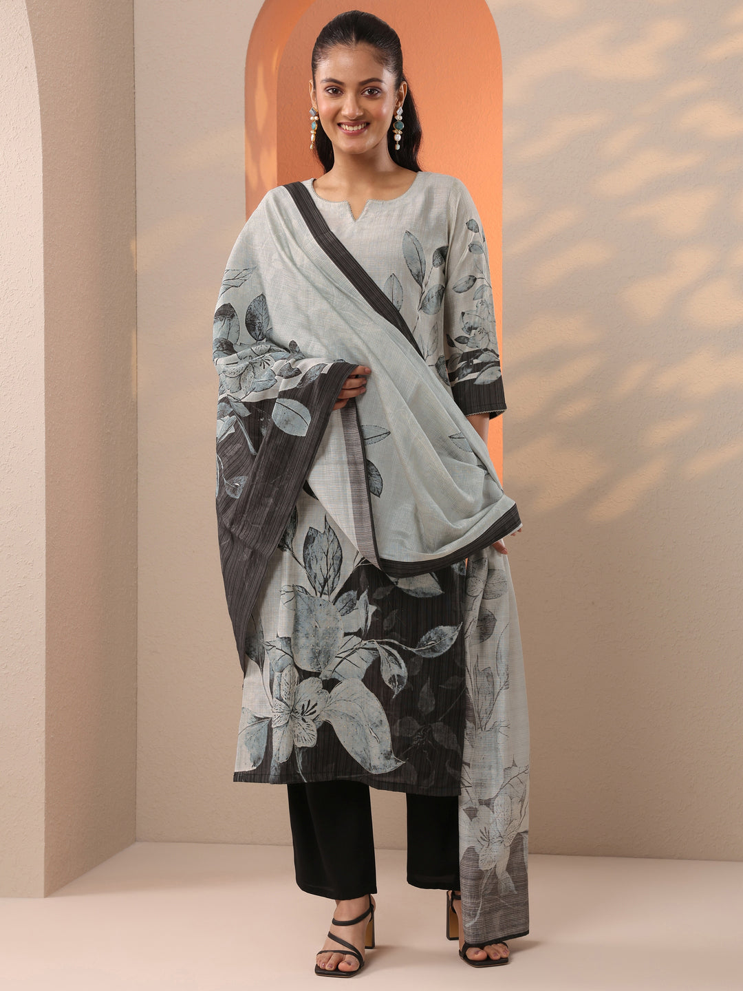 Grey Printed Silk Blend Straight Suit Set With Dupatta