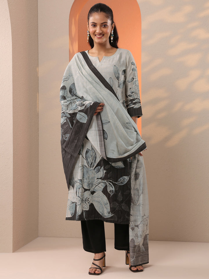 Grey Printed Silk Blend Straight Suit Set With Dupatta